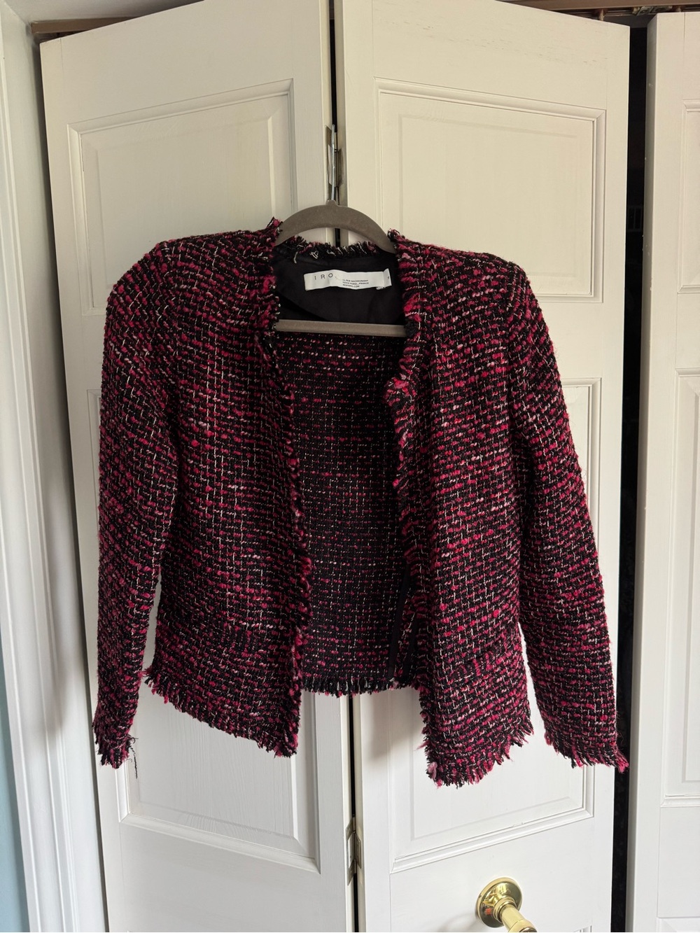 IRO Paris Pink & Black Bouclé Tweed Fringe Jacket